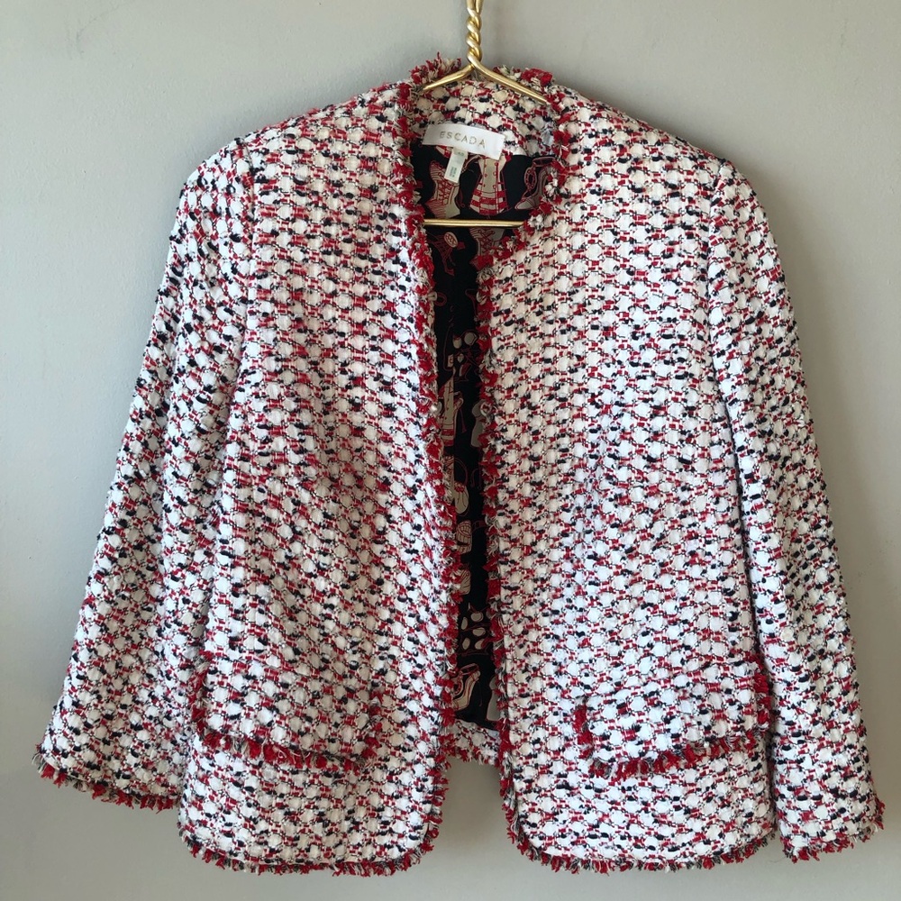 Vintage Escada Couture Red Black White Tweed Boxy Blazer Jacket 12/42